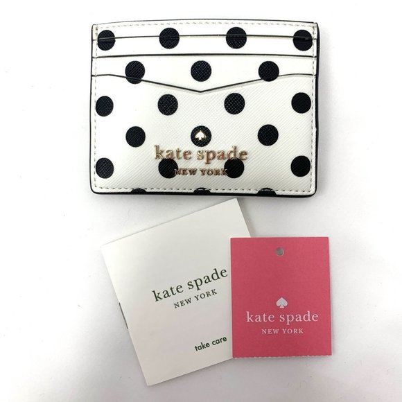 Kate Spade Staci Small Slim Card Holder Black & White Polka Dot Leather - Picture 1 of 6